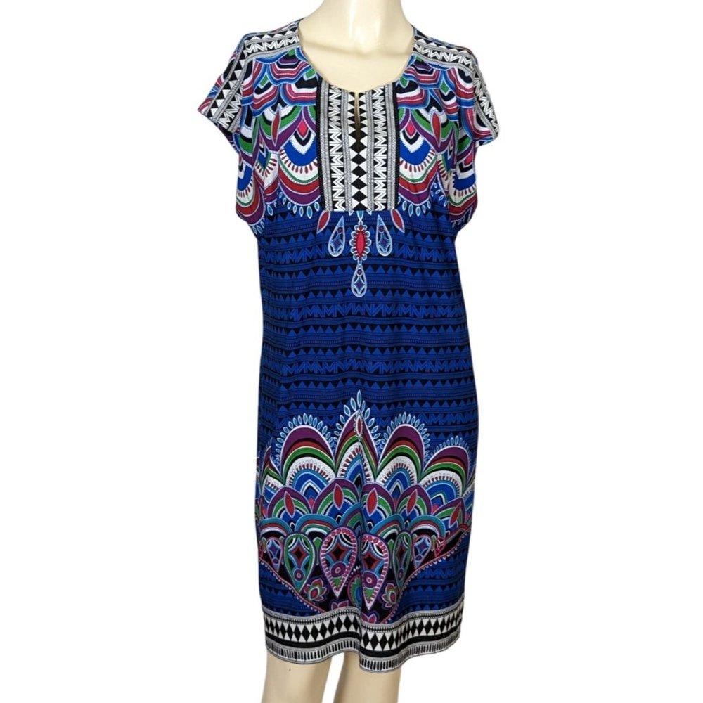 Laundry by Shelli Segal cap sleeve shift colorful blue comfortable dress M